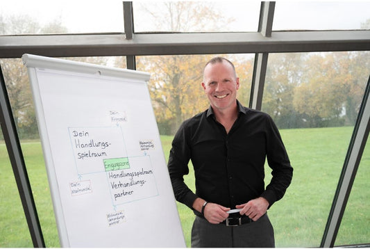 Business-Trainer vor einer Flipchart mit der Einigungszone-Grafik nach dem Harvard-Konzept. Die Grafik zeigt Verhandlungsspielräume und Ziele für erfolgreiche Verhandlungen.