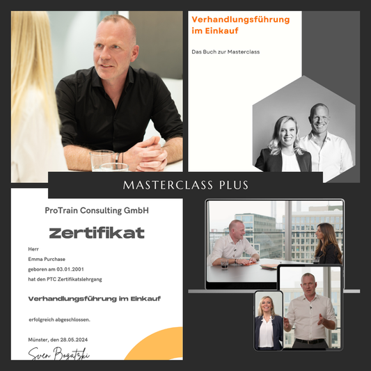 "On-Demand Masterclass Plus" zur "Verhandlungsführung im Einkauf" mit einem Mann und einer Frau in einer Büroumgebung sowie einem Zertifikat von ProTrain Consulting GmbH.