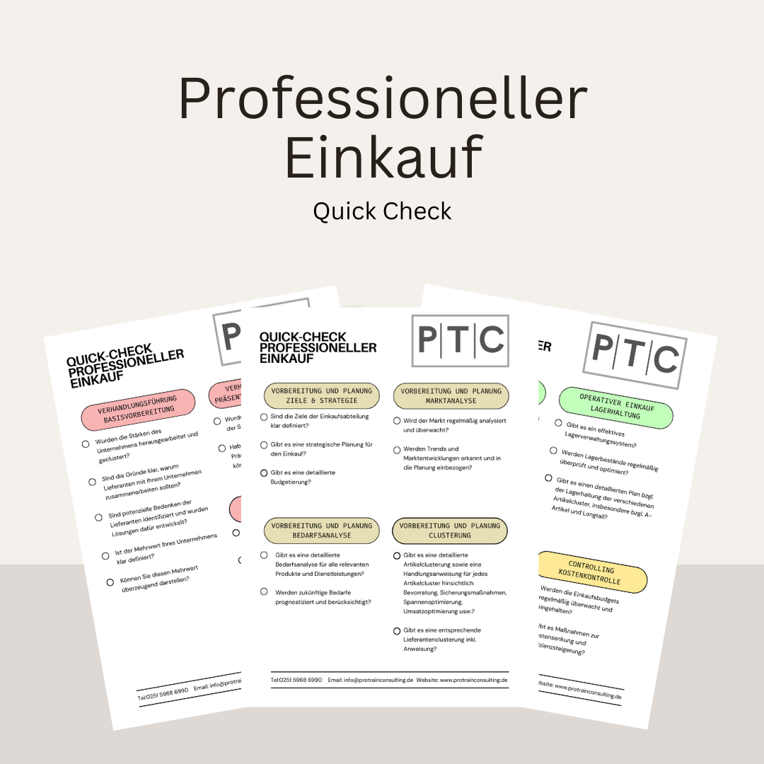 Dokumente mit dem Titel "Professioneller Einkauf Quick Check" von PTC, die verschiedene Checklisten und Tipps für den Einkauf enthalten.